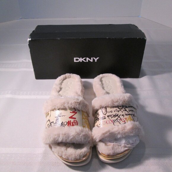 DKNY Gold Logo Furry Bevan Flat Slides NIB Sz 6 - Picture 3 of 8